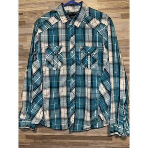 Chalc Western Cowboy Shirt Mens Large Long Sleeve Teal Blue Plaid Pockets  #B